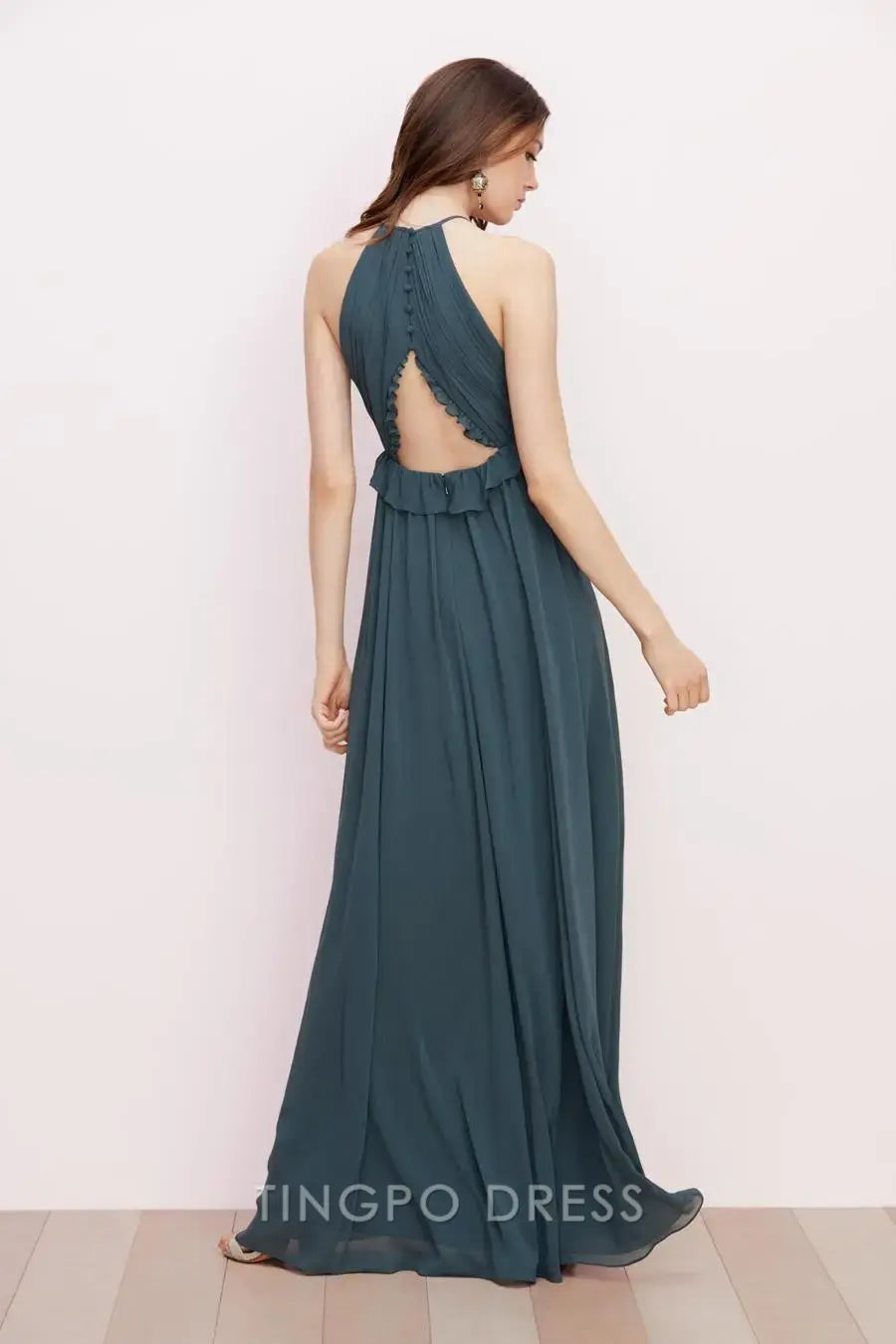 TingPo Wholesale Elegant Halter Keyhole Dress - Teal Green Ruffled Waist Maxi Evening Gown